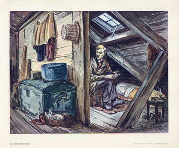 136055 Afbeelding van een onderduiker op de zolder van een huis tijdens de laatste oorlogsmaanden.